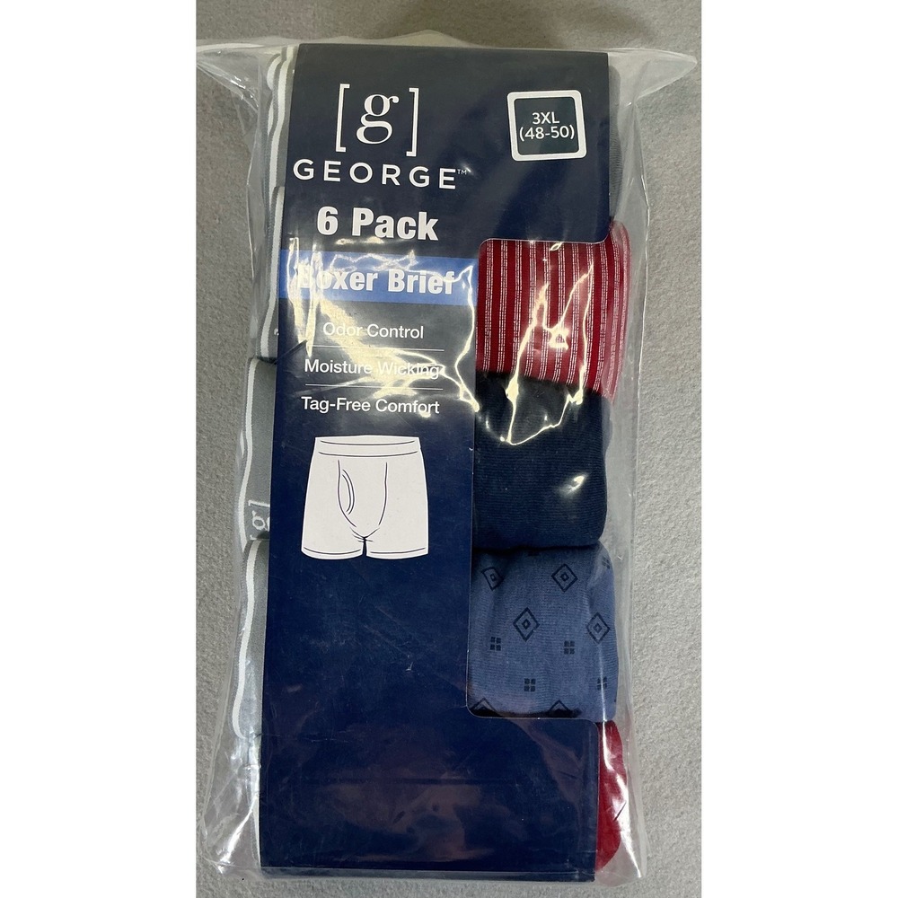 George Mens Boxer Briefs 6 Pack 3XL 48-50 Cotton Moisture Wicking Tag-Free New